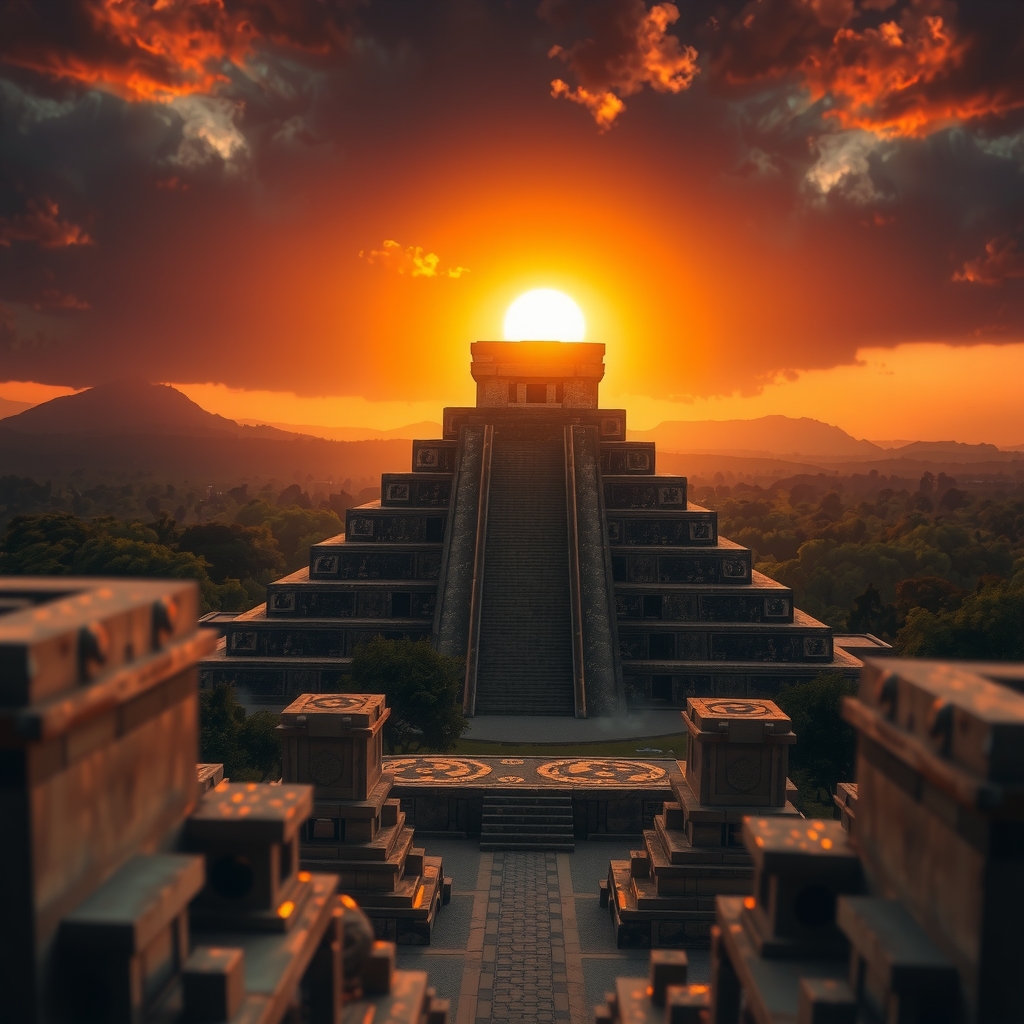 Aztec temple pyramid at dawn