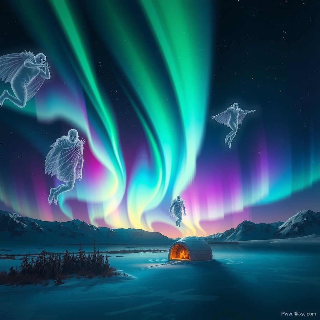 Illustration of Aqsarniit, the Northern Lights as ancestral spirits