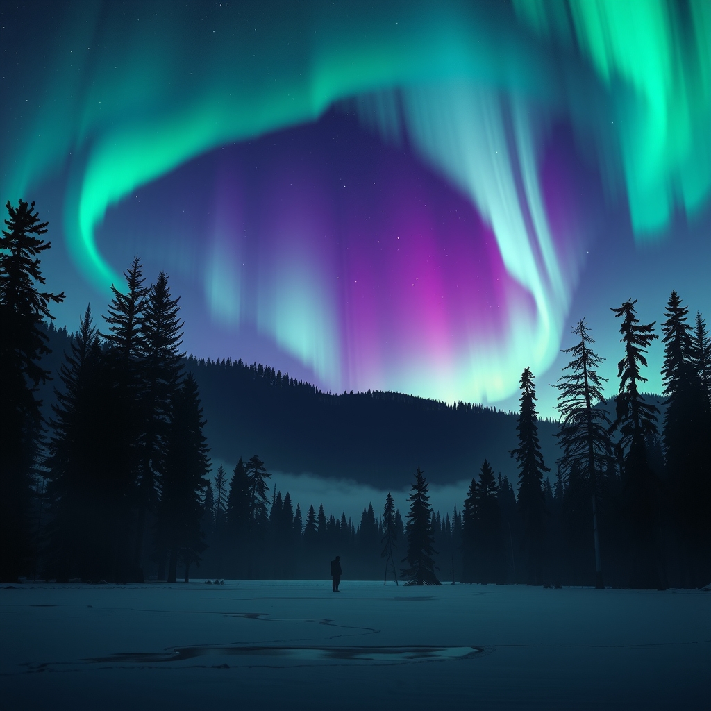 Full-width page hero — dramatic Canadian wilderness at twilight with aurora borealis and Indigenous spiritual imagery
