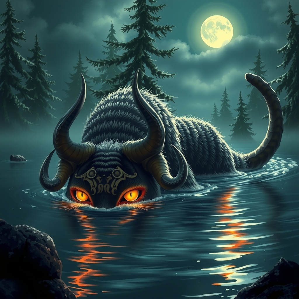 Illustration of Mishipeshu, the Great Lynx of the deep lakes