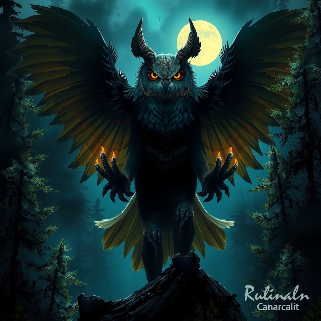 Illustration of the Stikini, terrifying owl-witch creatures