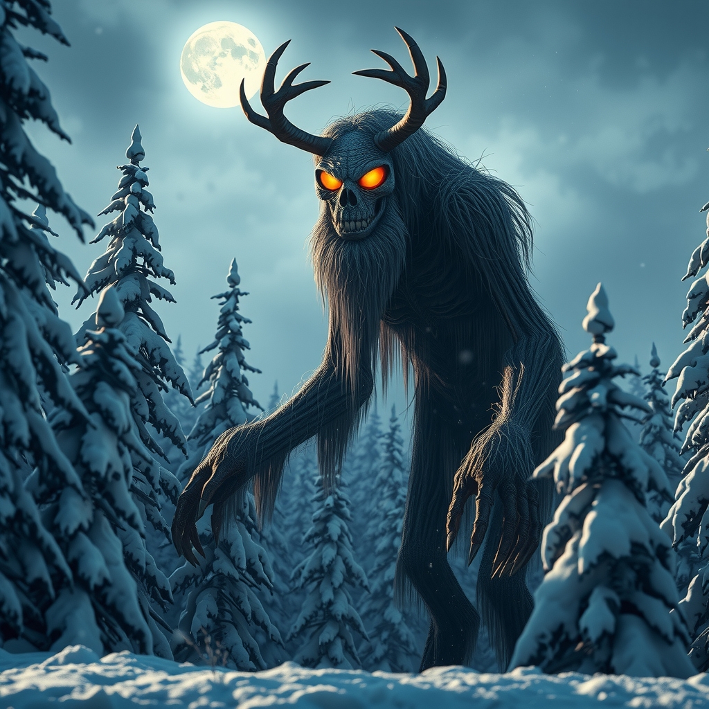 Terrifying Windigo creature in a dark winter forest