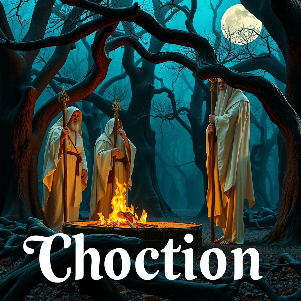Druids performing ritual in ancient forest