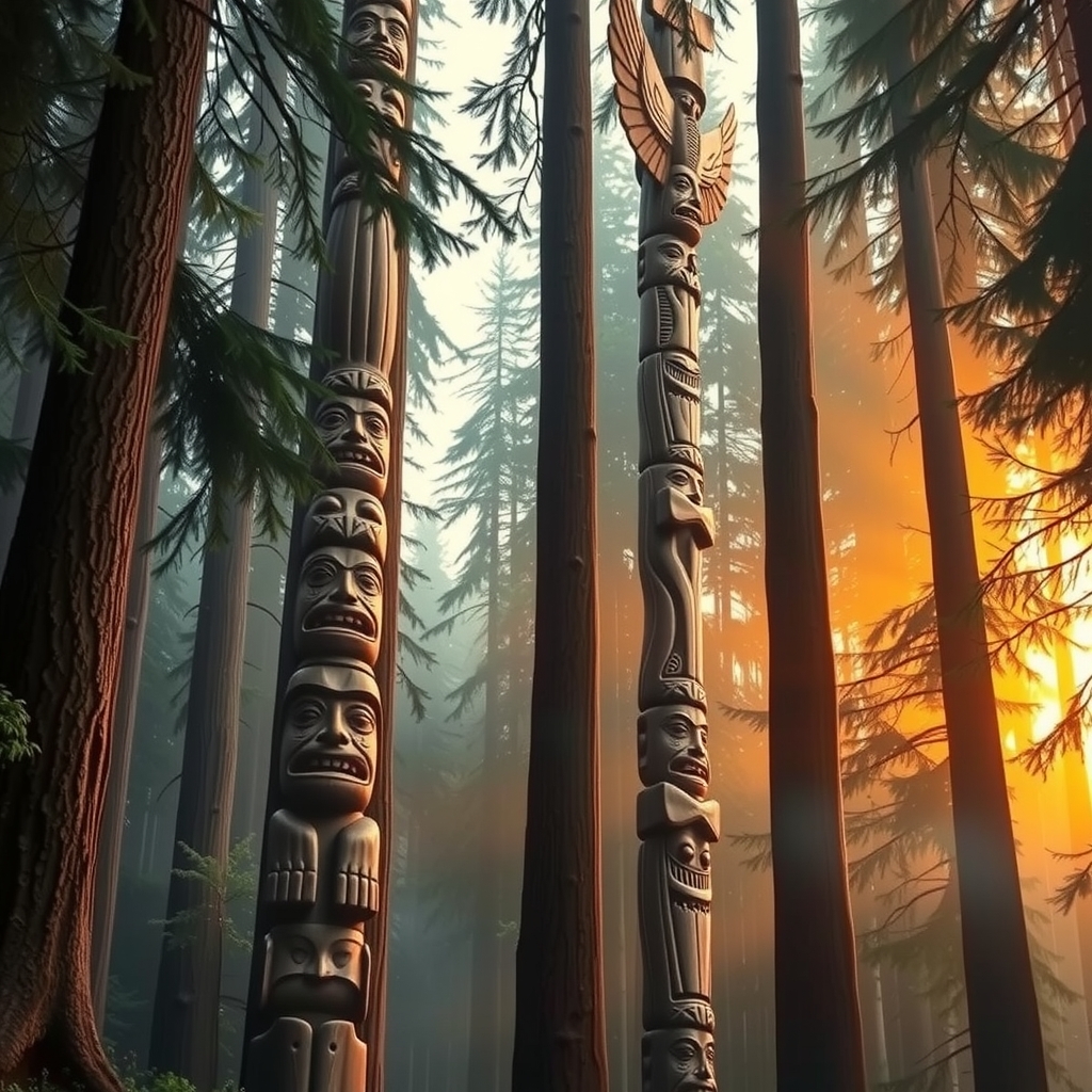 Majestic First Nations totem poles against Pacific Northwest forest