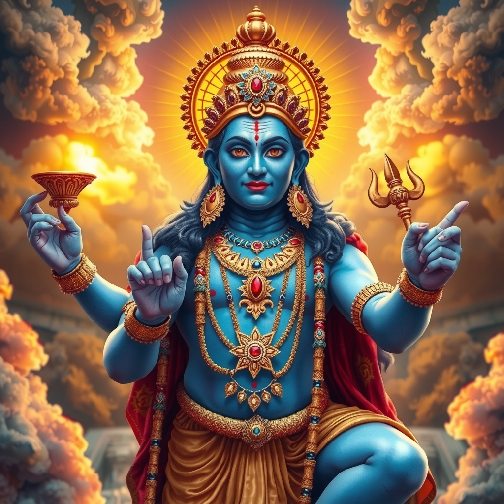 Vishnu the preserver descending as avatar
