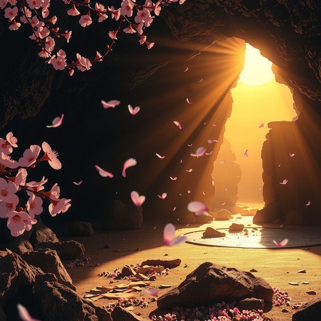 Amaterasu sun goddess emerging from the cave