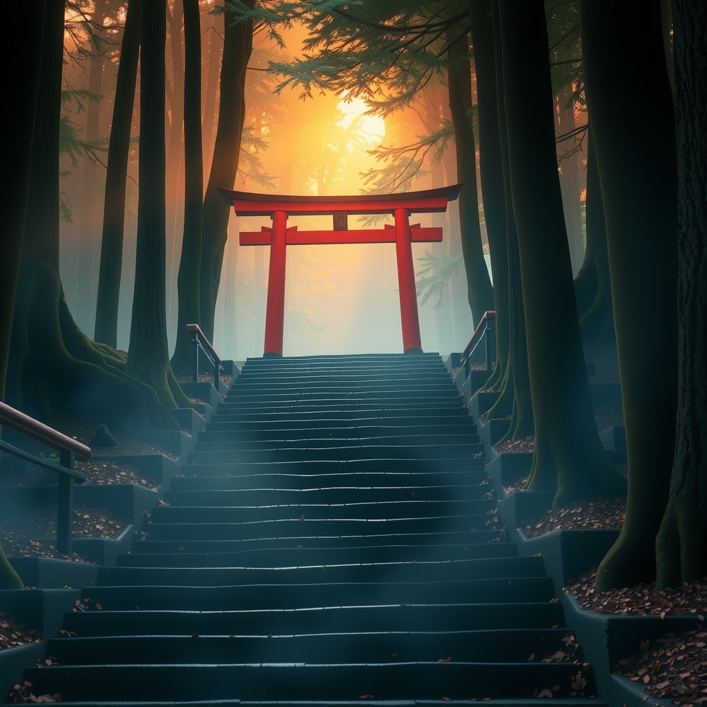 Torii gate at sunrise over misty Japanese landscape