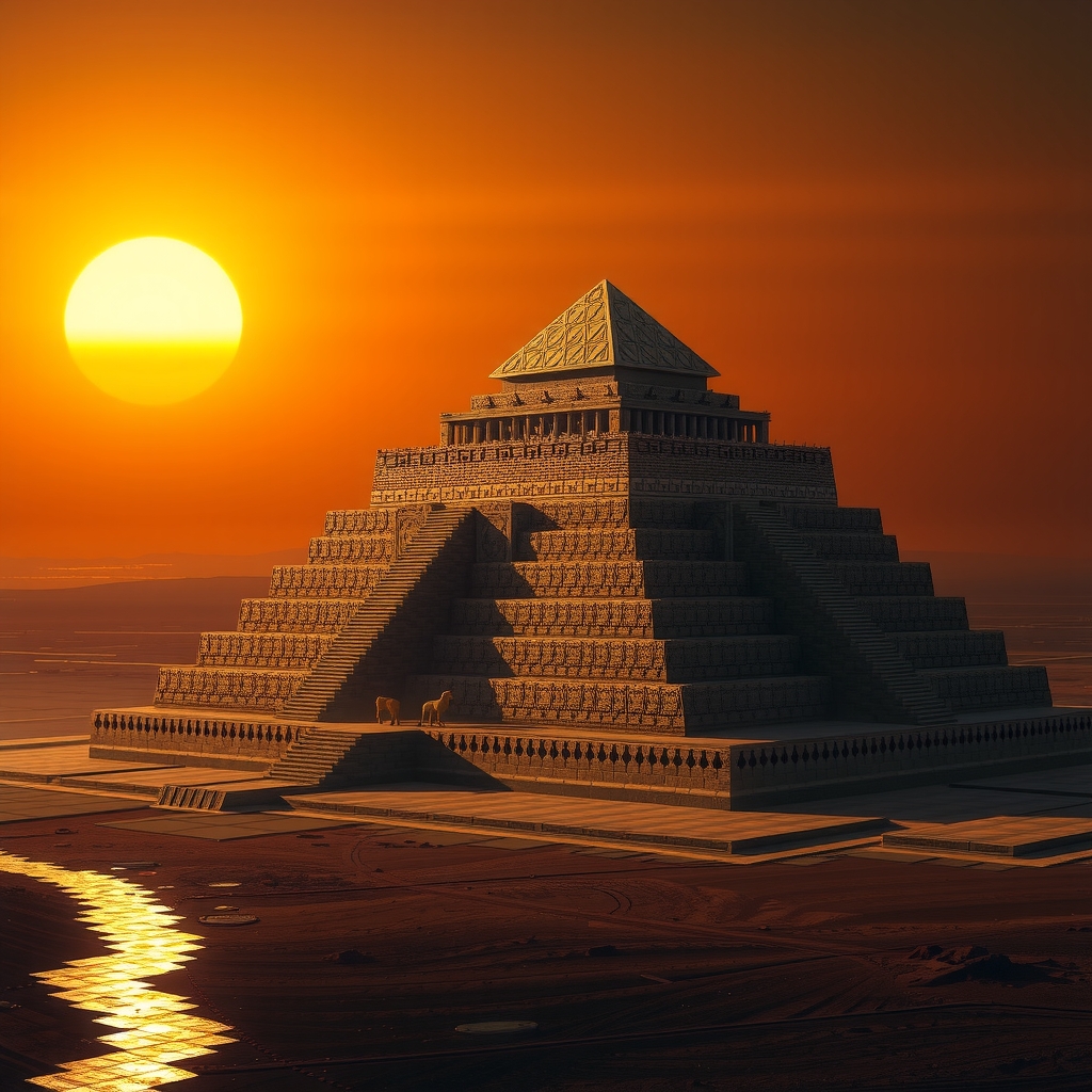 Ancient Mesopotamian landscape with ziggurat