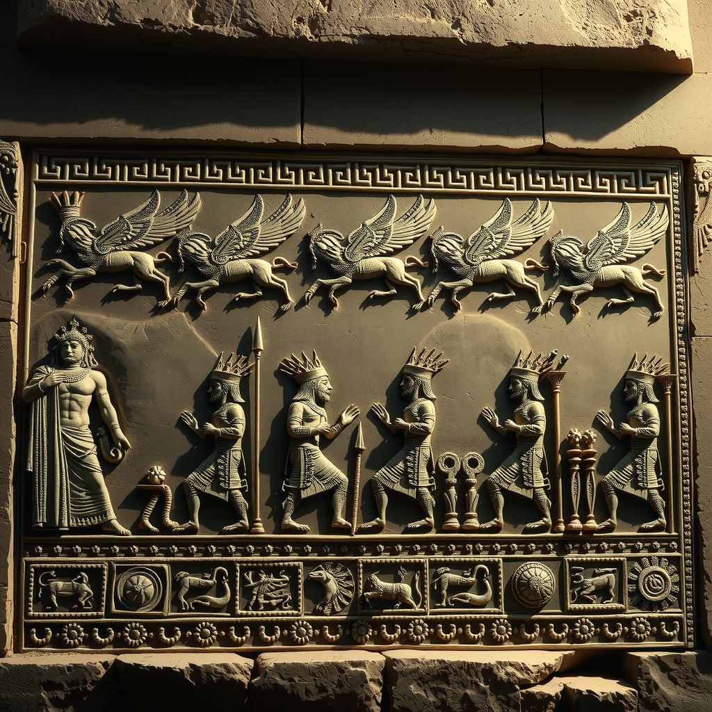 Pantheon of Mesopotamian gods in relief