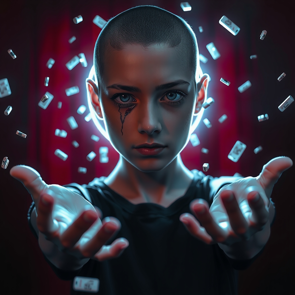 Image representing a young girl using telekinetic powers, nose bleeding, objects levitating around her