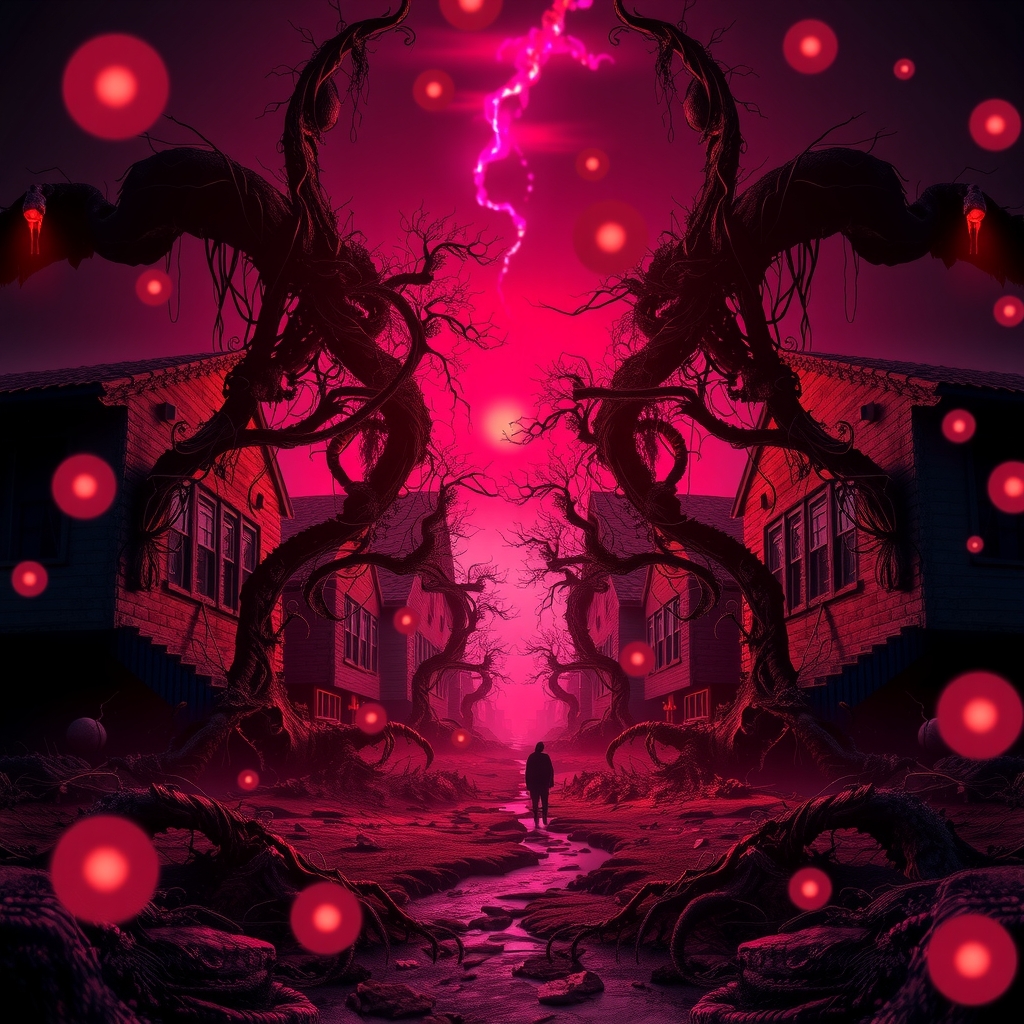 Full-width hero image depicting the eerie, red-lit landscape of the Upside Down dimension with floating ash particles and twisted dark vines