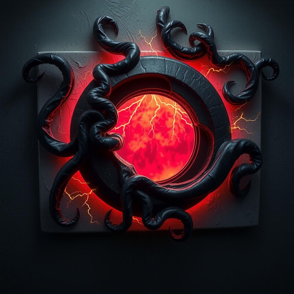 Image of a glowing interdimensional gate or portal surrounded by dark vines in a laboratory wall