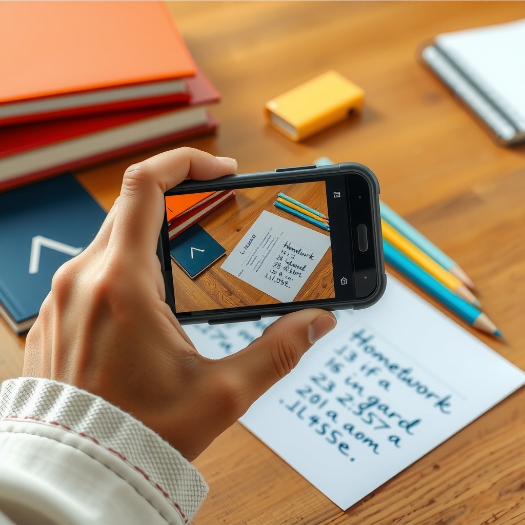 Estudiante fotografiando su tarea en papel con el teléfono para subirla