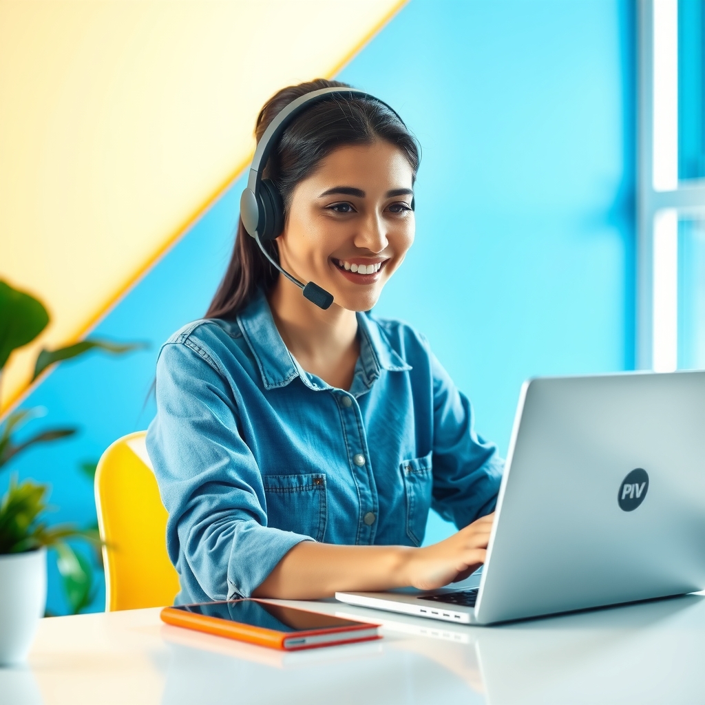 Persona amable respondiendo mensajes en computadora representando soporte al cliente