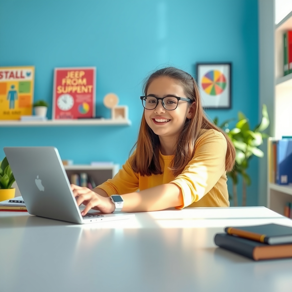Estudiante joven y sonriente usando laptop para recibir tutoría online, ambiente cálido y luminoso