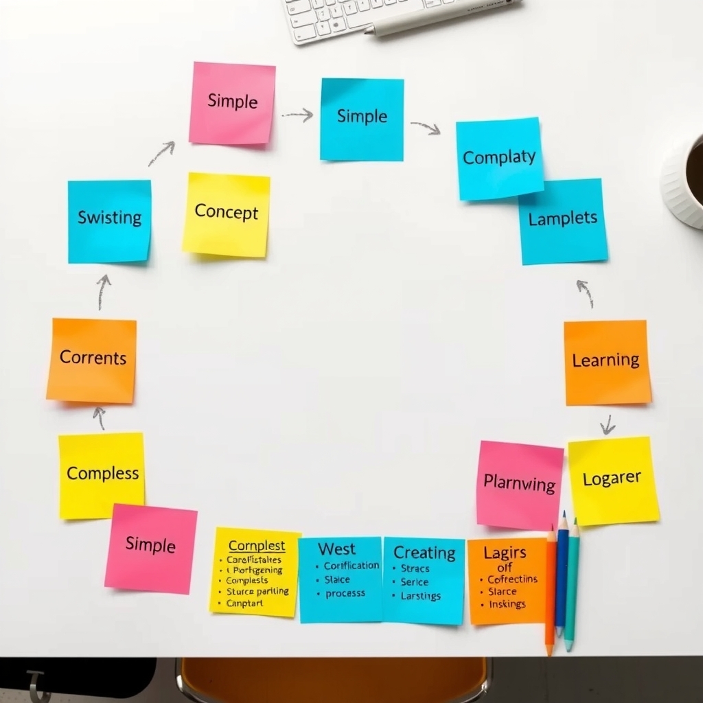 Diagrama visual mostrando el aprendizaje recursivo: flechas que conectan conceptos de menor a mayor complejidad