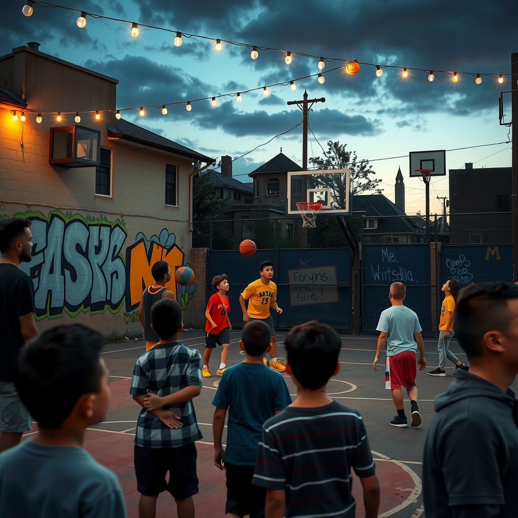 Community gathering around a local streetball court
