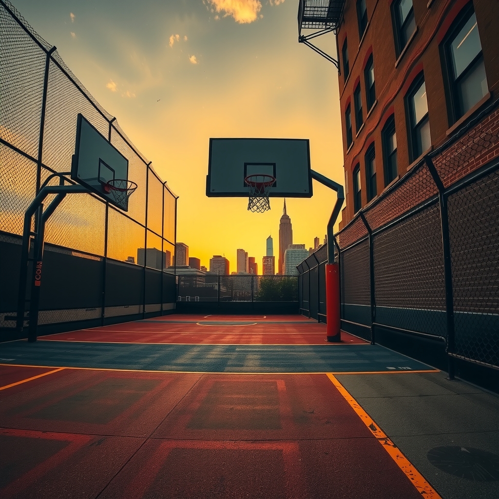 Hero banner of an iconic outdoor basketball court at golden hour
