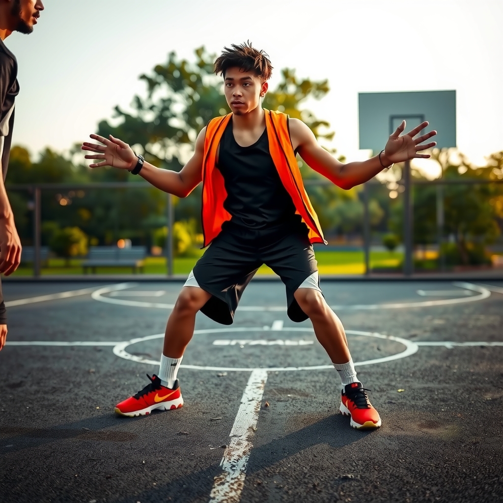 Defensive lockdown stance on the blacktop