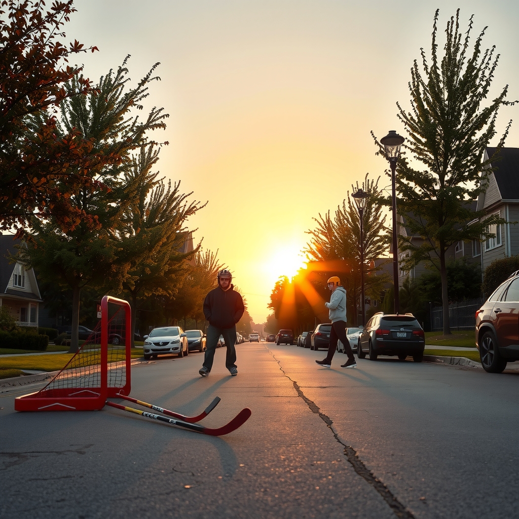Atmospheric street hockey neighborhood scene