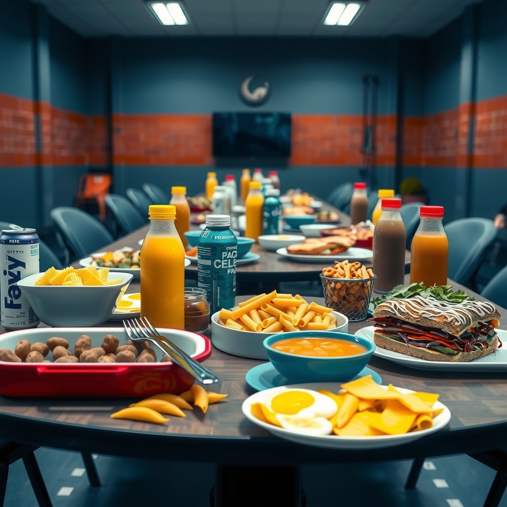 High-calorie athlete meal spread