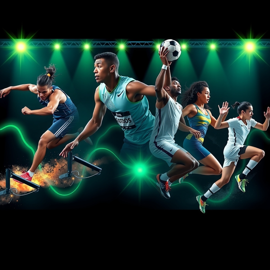 Full-width cinematic collage of elite male and female athletes mid-action across multiple sports