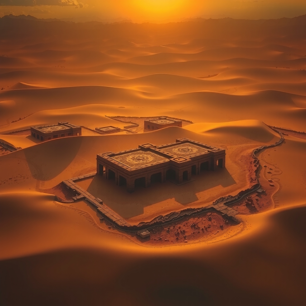 Full-width hero showing a vast unexcavated landscape with ancient ruins partially buried in desert sand