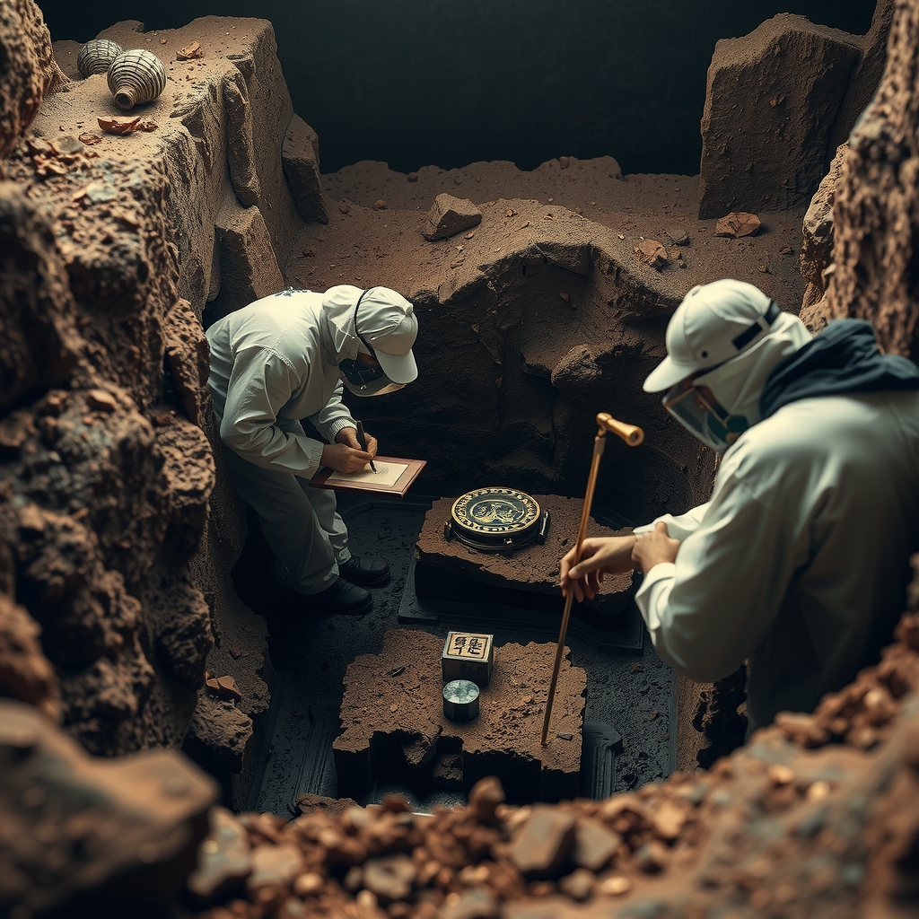 Image of active excavation pits with artifacts in situ