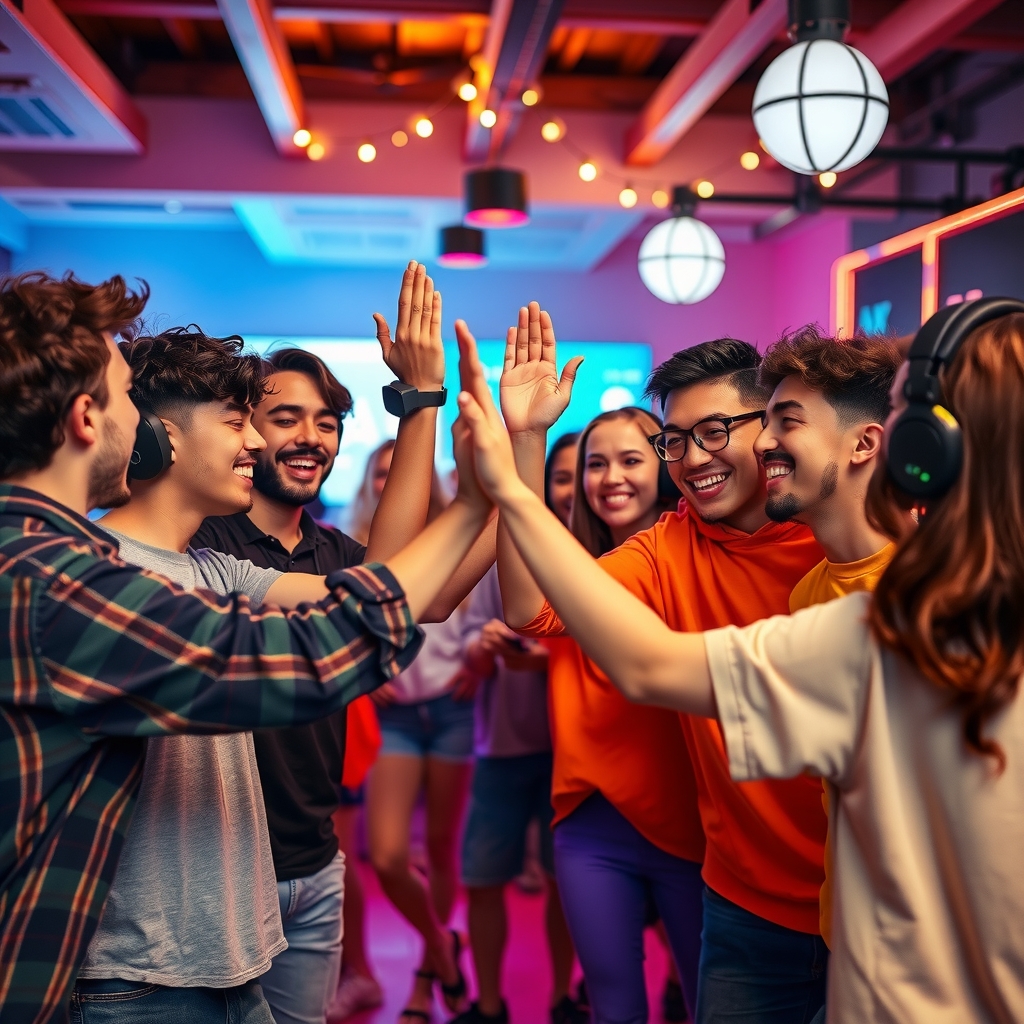 Diverse group of gamers celebrating together