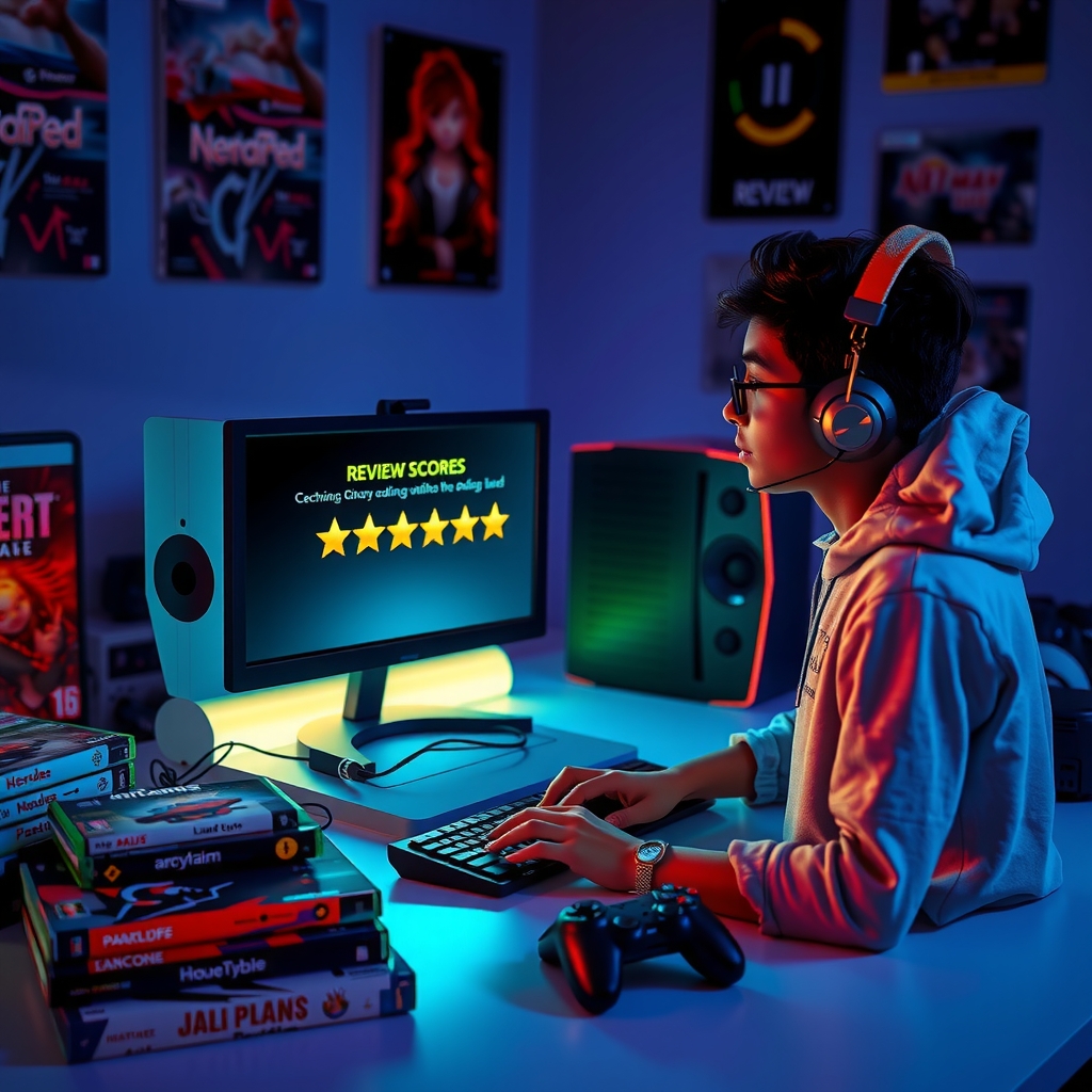 Reviewer at desk with multiple games displayed