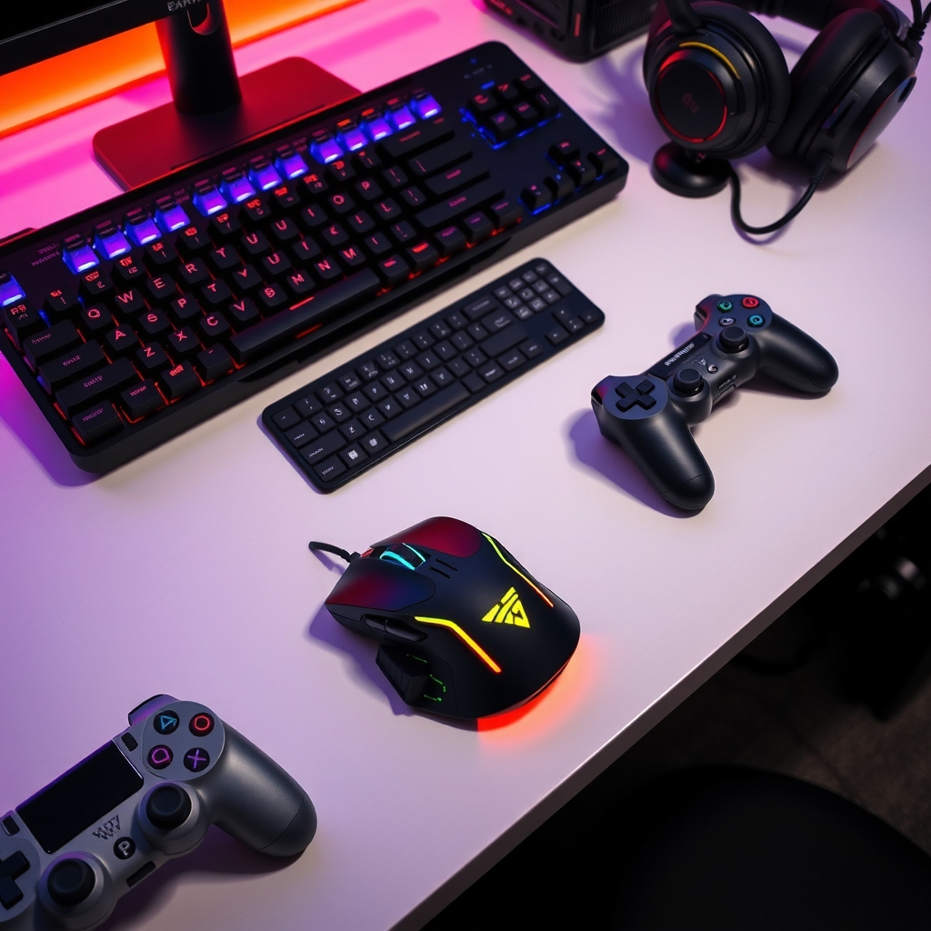 Close up of gaming desk accessories