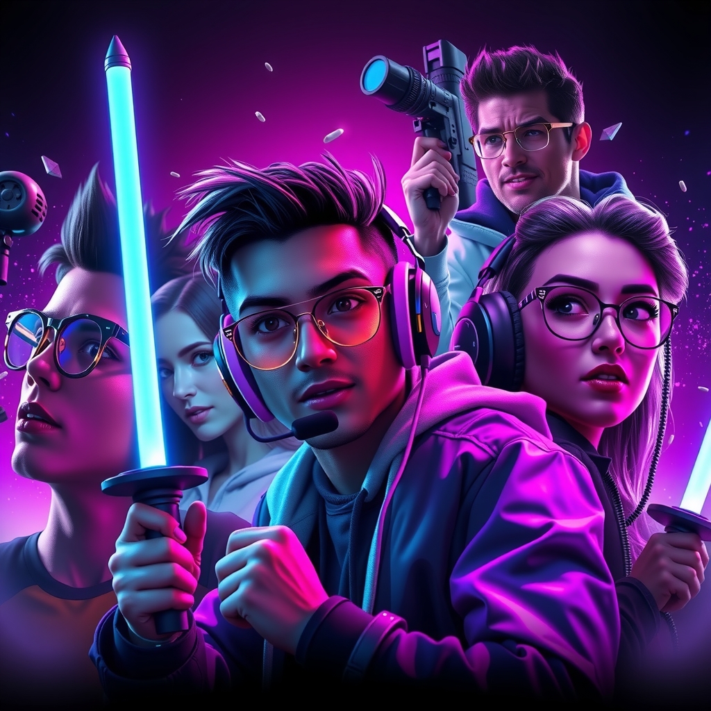 Explosive collage of trending games and streamers in neon light