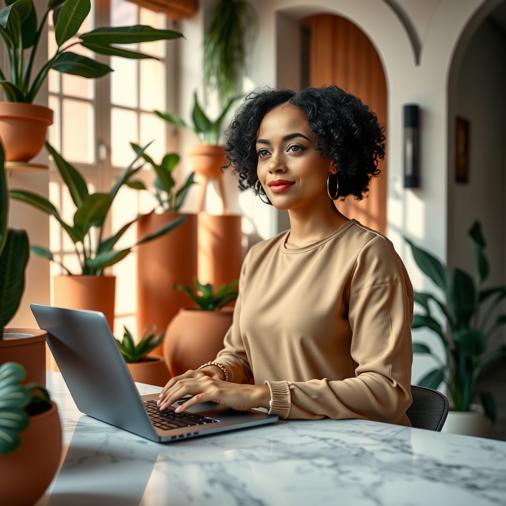 Business hub hero — Latina entrepreneur in a premium workspace