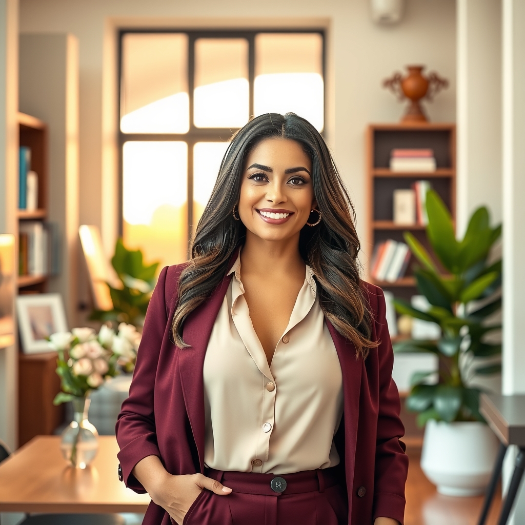 Hero banner showing a confident Latina business owner in her element