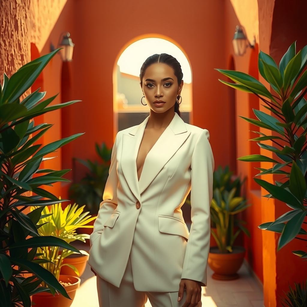 Cinematic hero portrait of a confident Latina professional in a luxurious architectural setting