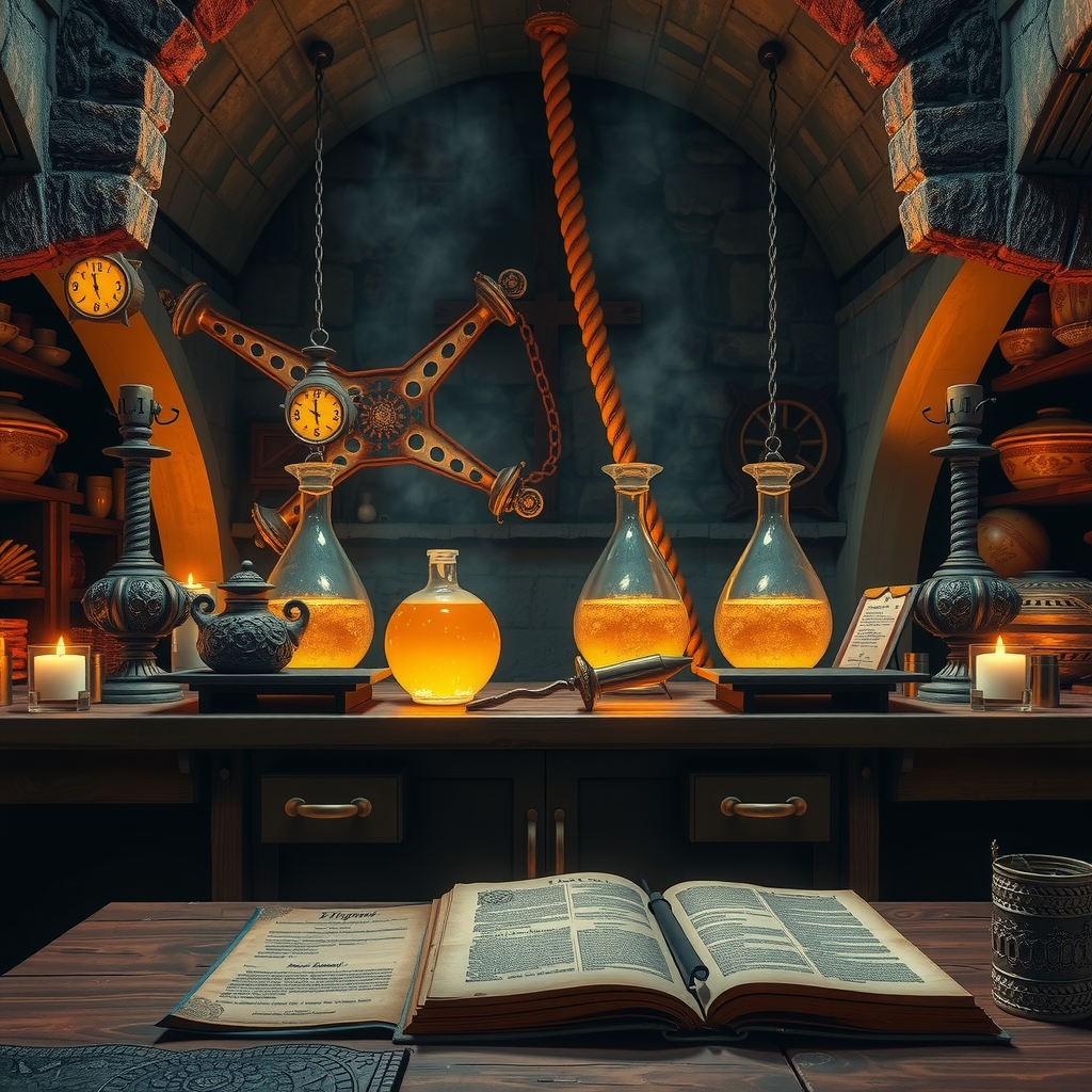 Laboratorio alquímico medieval atmosférico
