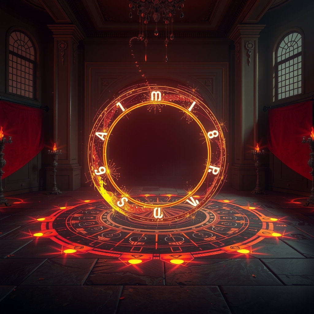 Imagen evocadora de alquimia y transmutación, círculos mágicos dorados sobre fondo oscuro