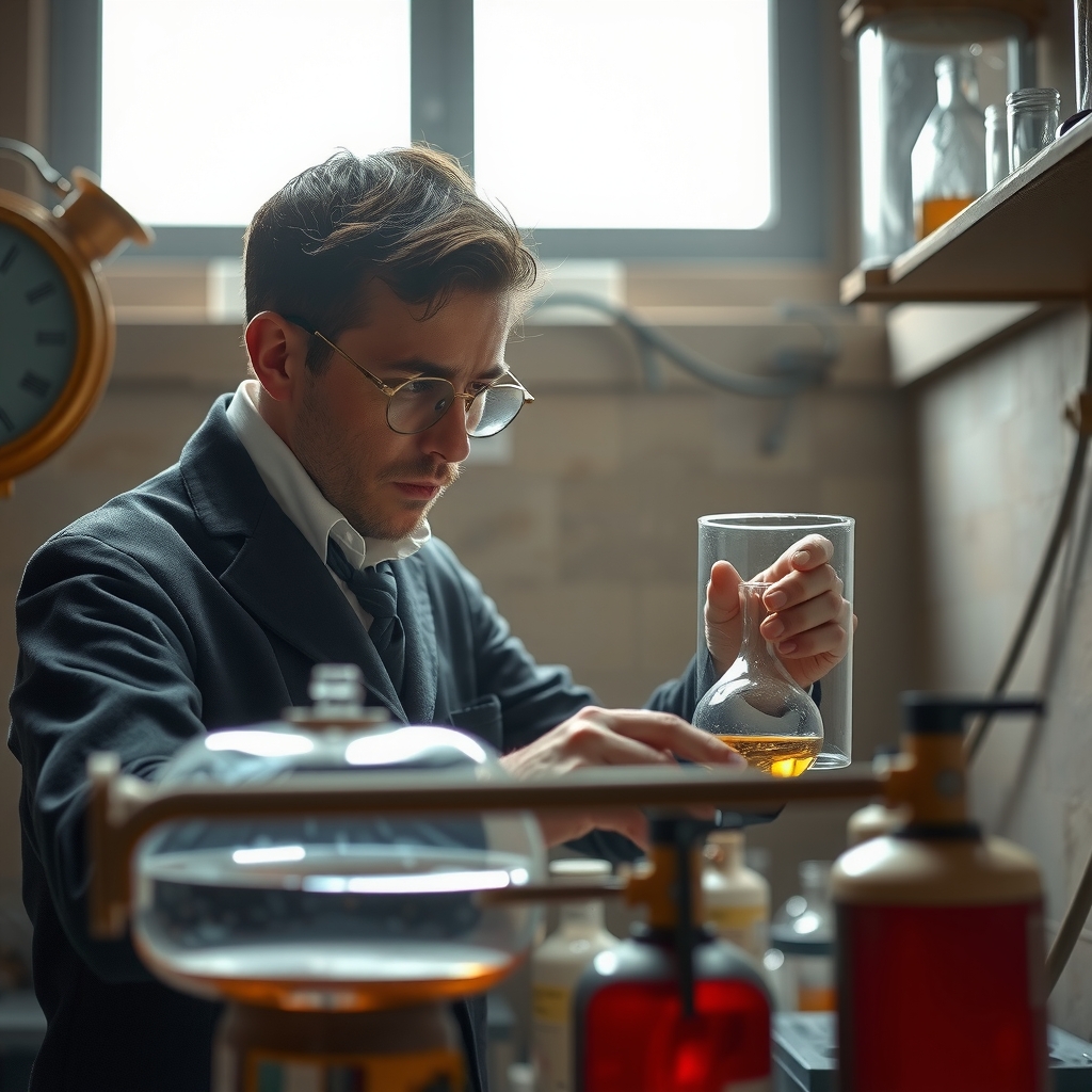 Científico en laboratorio de química industrial de principios del siglo XX