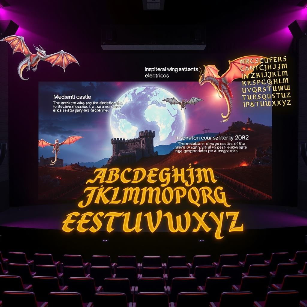 Hero: pantalla de cine gigante con overlays educativos